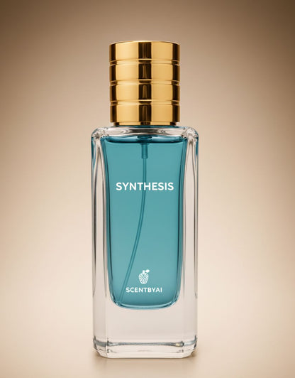 AI-powered perfumes from SCENTBYAI, including SYNTHESIS fragrance in an elegant bottle.