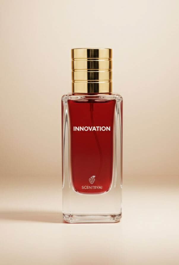 AI-powered perfumes in a sleek bottle labeled INNOVATION by SCENTBYAI, showcasing advanced fragrance technology.