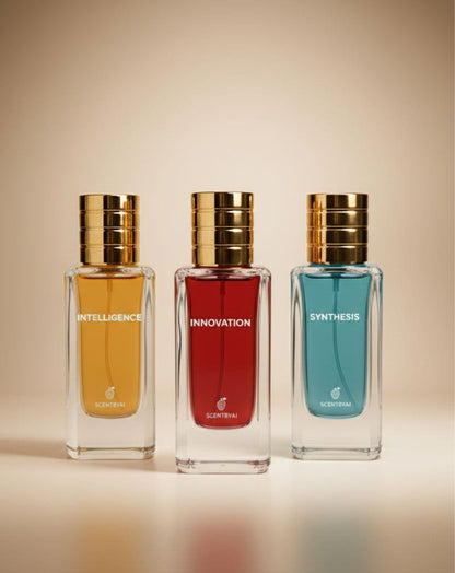 The Battle of Scent - SCENTBYAI Signature Trio Pack featuring clever fragrances: Intelligence, Innovation, Synthesis.