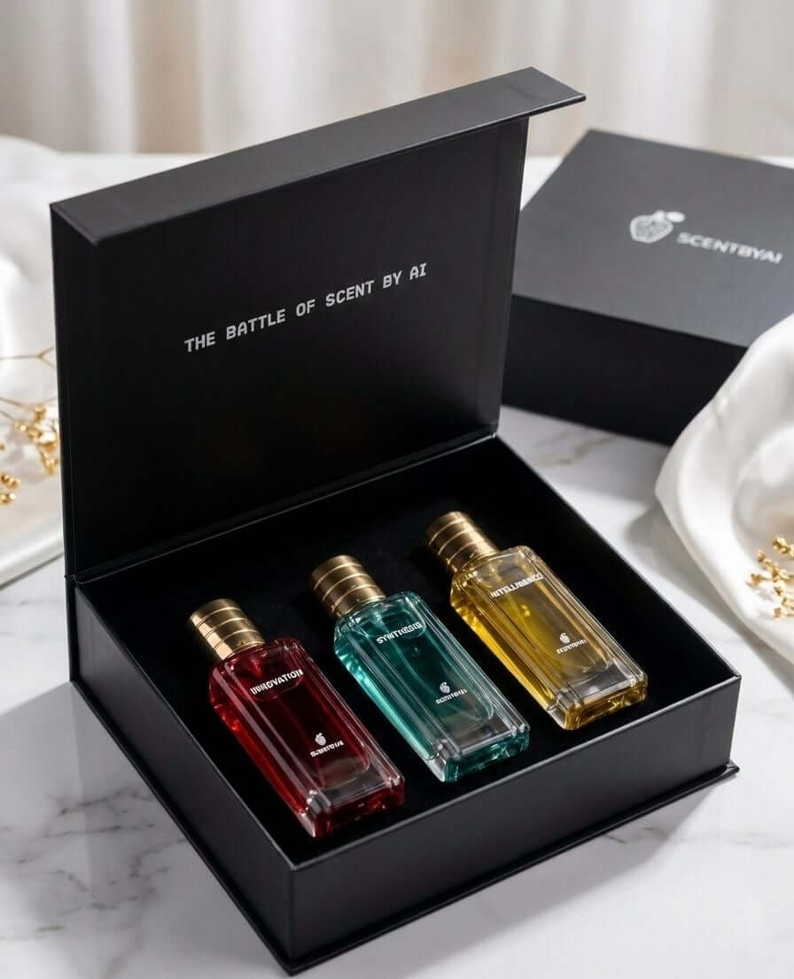 AI-powered perfumes collection in black box showcasing three unique fragrances by SCENTBYAI.